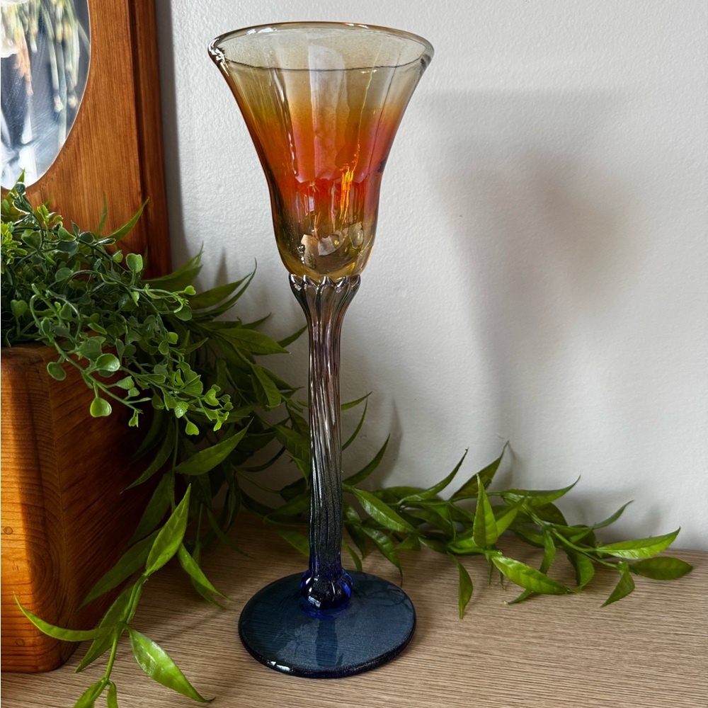 Artisan Glass Goblet with Orange and Blue Hues